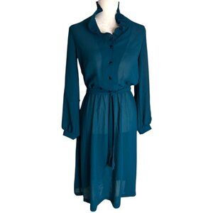 Vintage California Cartel Teal Sheer Long Sleeve Dress w/ matching belt - Size 8